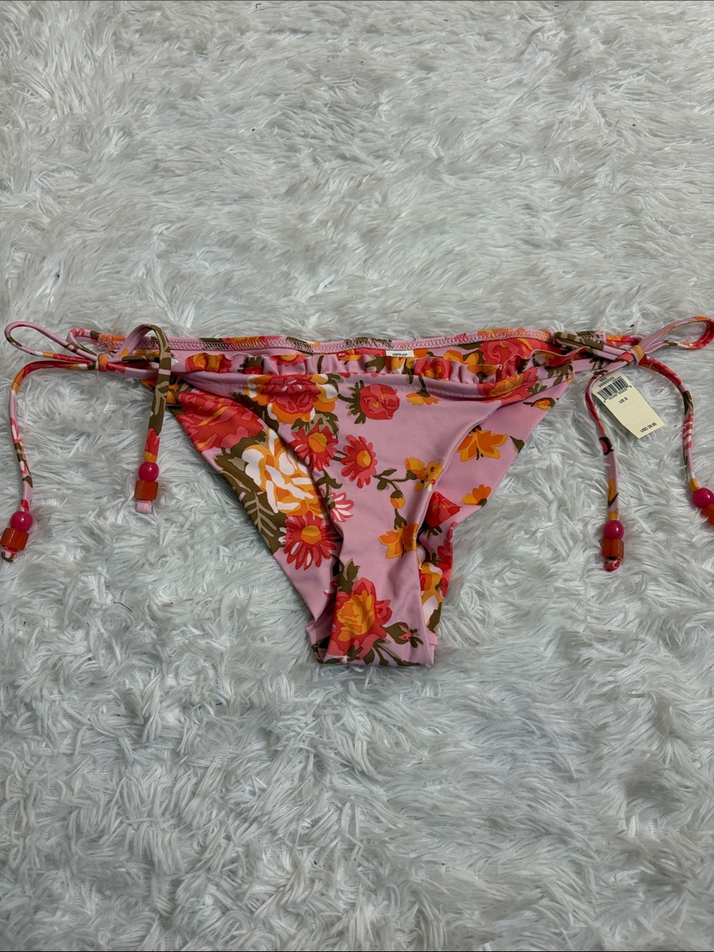 NWT Aerie Pink Floral Tie Beaded Adjustable Waist Cheekier Swim Bottoms Size S